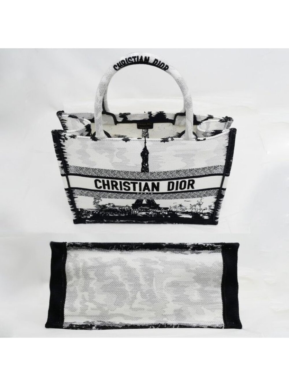 Christian Dior Book Tote Eiffel Tower Monotone Black And White Handbag - Picture 4 of 10